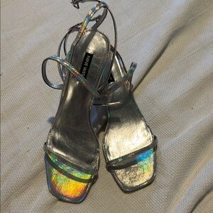 Dressy Nine West Silver Block Heels with Strappy Ankles